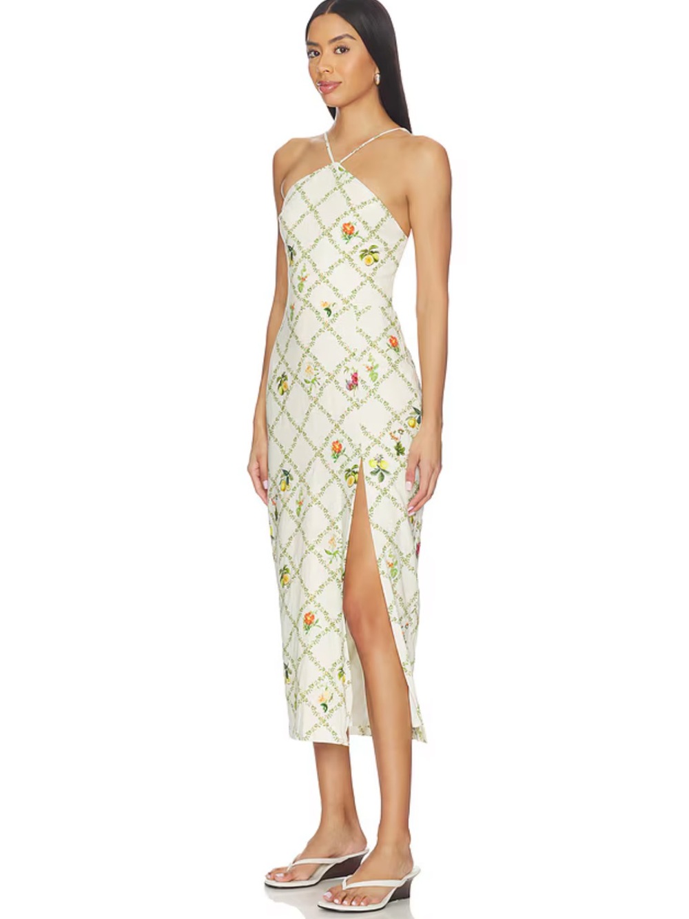 Revolve Amanda Uprichard Abby Midi Dress Trellis Small Linen Fruit Halter Slit - Picture 4 of 15